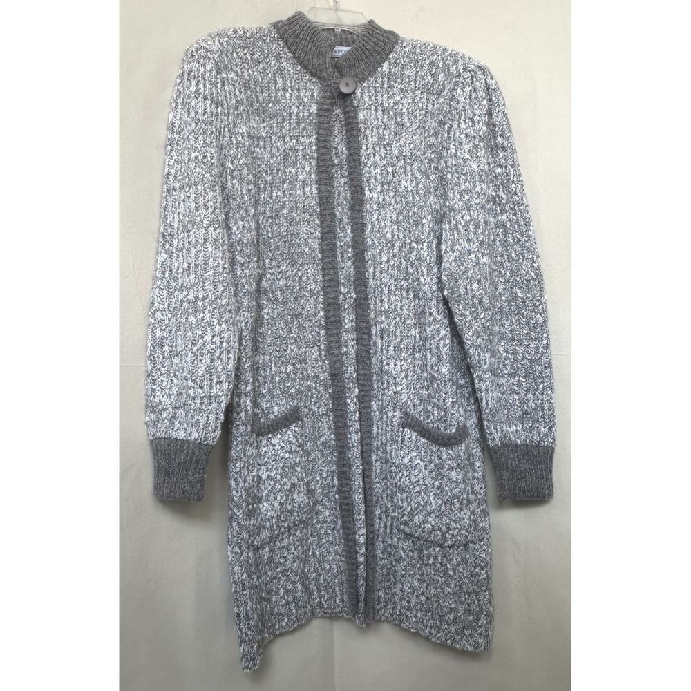 Vtg Northern Isles Gray Boucle Chunky Knit Longline Cardigan Coat Sweater L